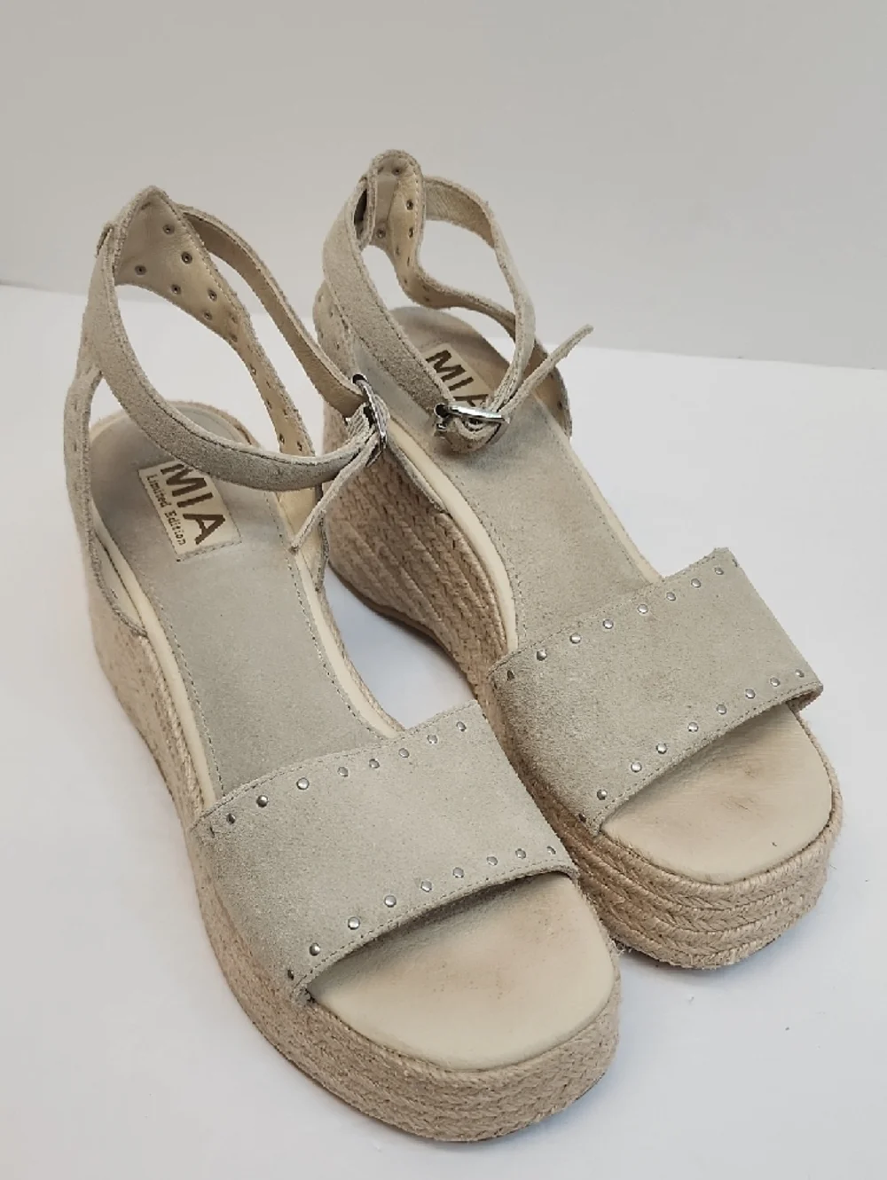 MIA Beige Suede Studded Espadrille Wedge Sandals Size 7.5